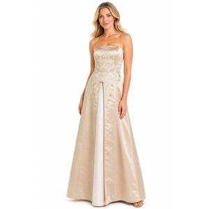 Jessica McClintock Women Dress 12 Champagne‎ Satin Strapless Embroidered Formal